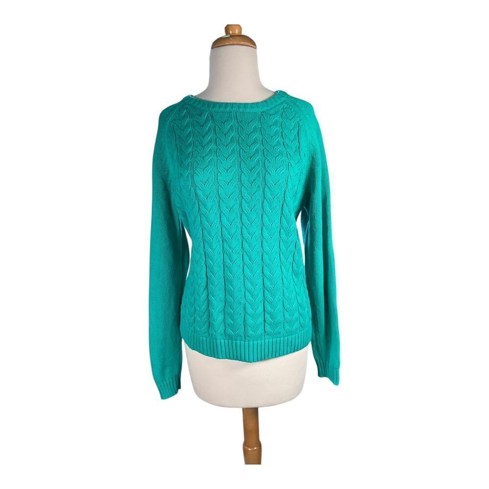 Preppy Coastal Lands End Drifter Cable Knit Sweater Large Teal Green 100% Cotton